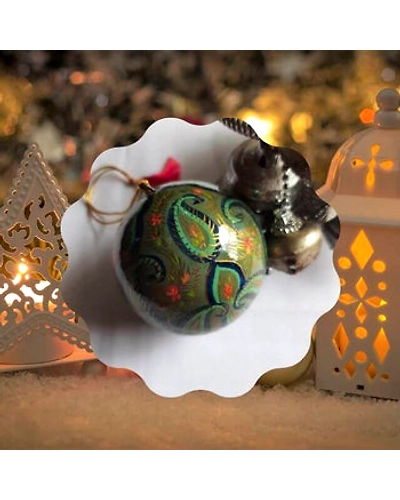 Papier Mache Baubles Green Flowers - Pack of 3-12249778