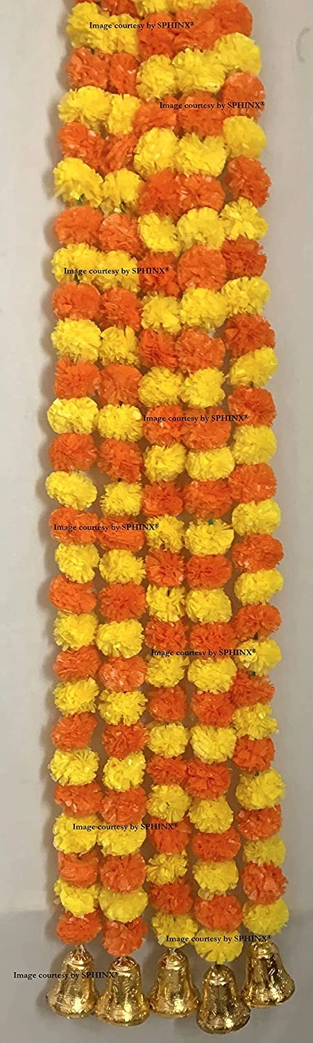 SPHINX Artificial Marigold Flowers And Hanging Bells (Yellow &amp; Dark Orange, 5 Pieces)-3