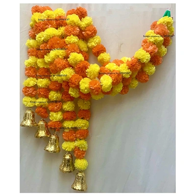 SPHINX Artificial Marigold Flowers And Hanging Bells (Yellow & Dark Orange, 5 Pieces)