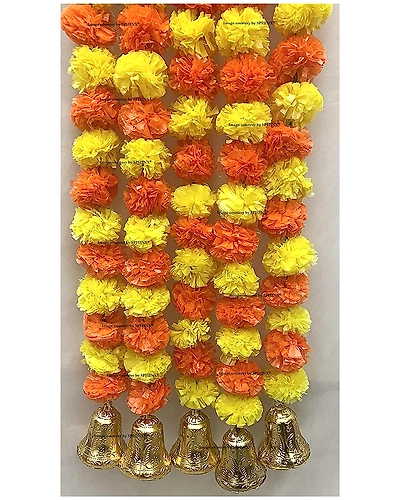 SPHINX Artificial Marigold Flowers And Hanging Bells (Yellow &amp; Dark Orange, 5 Pieces)-2