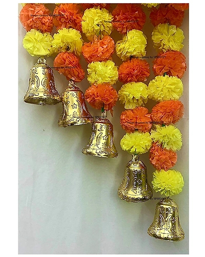 SPHINX Artificial Marigold Flowers And Hanging Bells (Yellow &amp; Dark Orange, 5 Pieces)-1