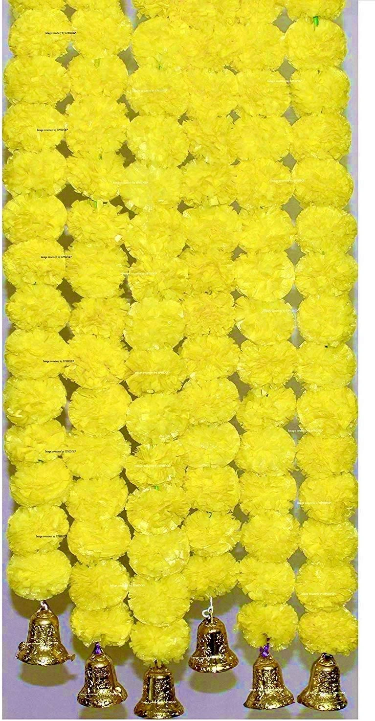 SPHINX Artificial Marigold Fluffy Flowers And Hanging Bells Garlands (Yellow, 6 Pieces)-6527546