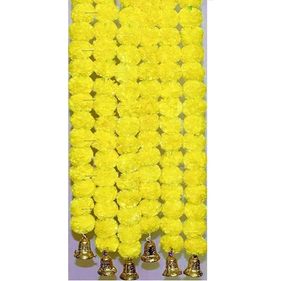 SPHINX Artificial Marigold Fluffy Flowers And Hanging Bells Garlands (Yellow, 6 Pieces)