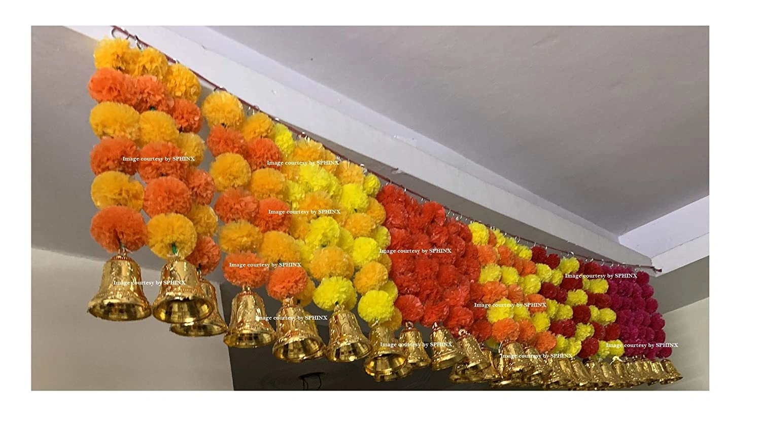 SPHINX Artificial Marigold Fluffy Flowers and Golden/Silver Hanging Bells Short Garlands/Torans/Wall hangings/Latkans for Decoration Approx 1.2 ft- Pack of 5 Strings (Yellow &amp; Red)-3