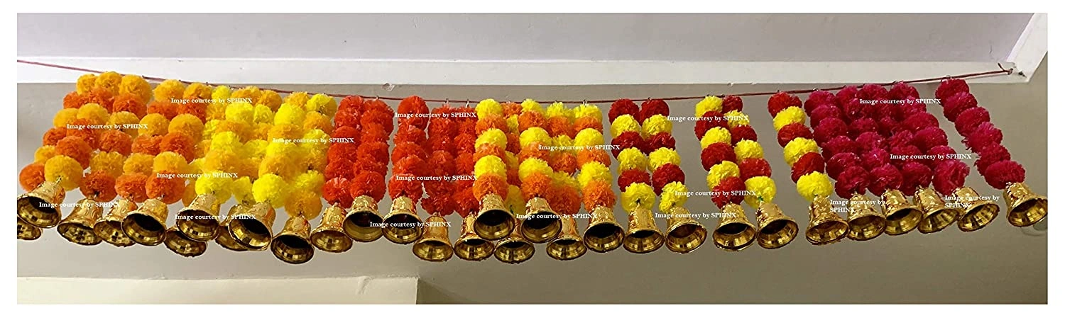 SPHINX Artificial Marigold Fluffy Flowers and Golden/Silver Hanging Bells Short Garlands/Torans/Wall hangings/Latkans for Decoration Approx 1.2 ft- Pack of 5 Strings (Yellow &amp; Red)-4