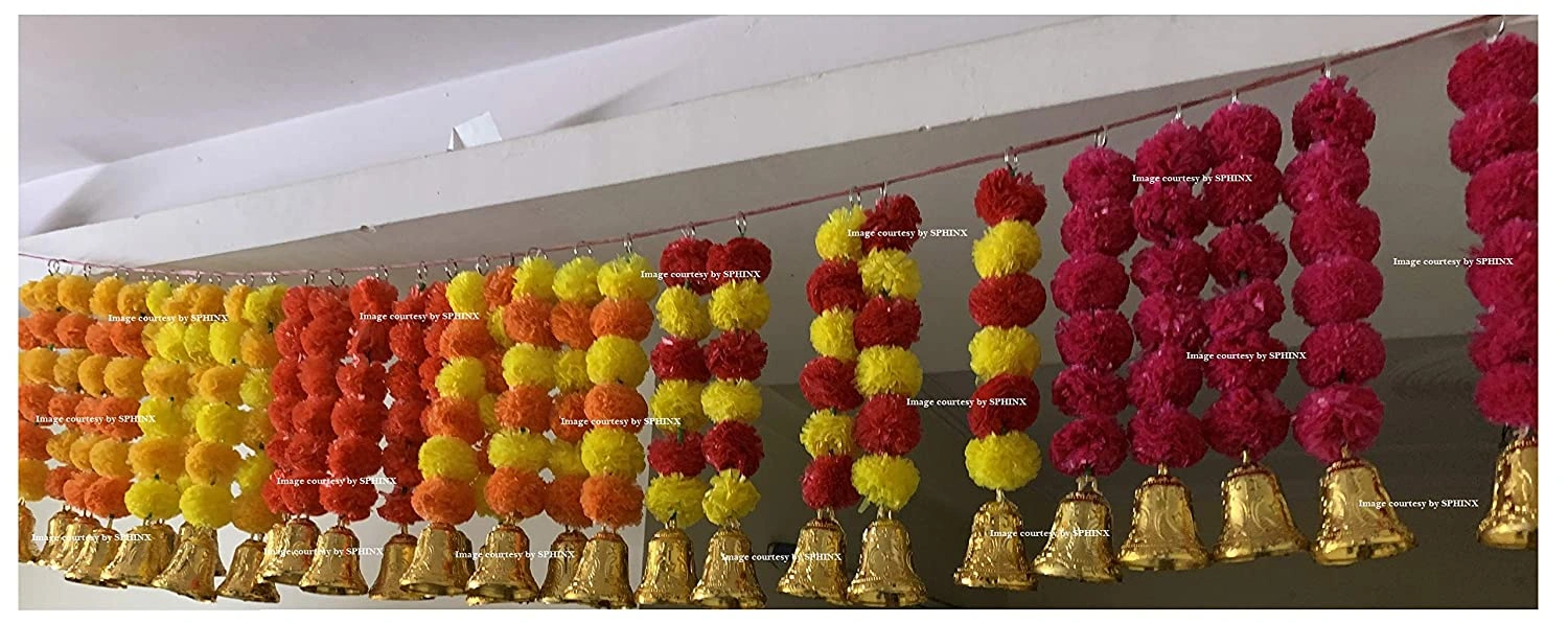 SPHINX Artificial Marigold Fluffy Flowers and Golden/Silver Hanging Bells Short Garlands/Torans/Wall hangings/Latkans for Decoration Approx 1.2 ft- Pack of 5 Strings (Yellow &amp; Red)-2