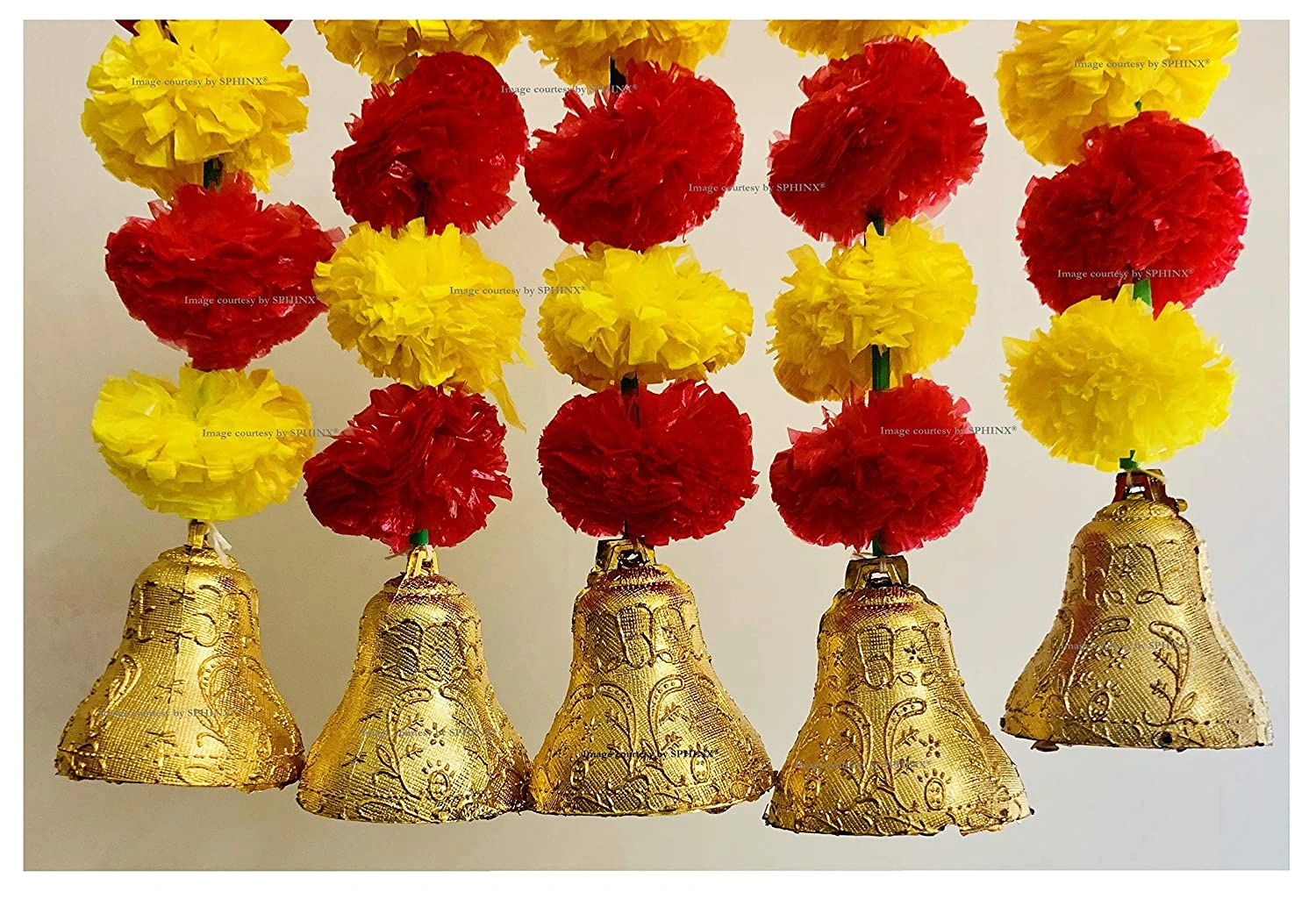 SPHINX Artificial Marigold Fluffy Flowers and Golden/Silver Hanging Bells Short Garlands/Torans/Wall hangings/Latkans for Decoration Approx 1.2 ft- Pack of 5 Strings (Yellow &amp; Red)-1