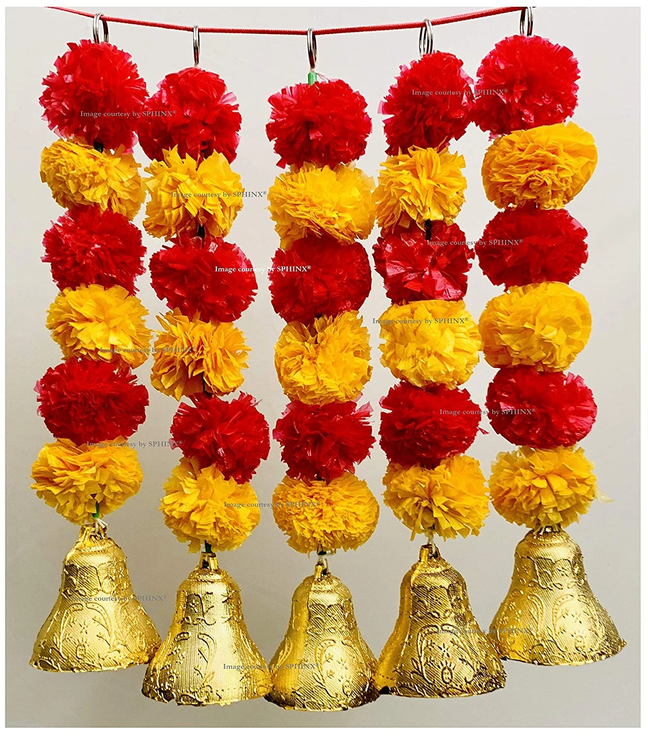 SPHINX Artificial Marigold Fluffy Flowers And Hanging Bells Garland (Yellow &amp; Dark Orange, 6 Pieces)-2