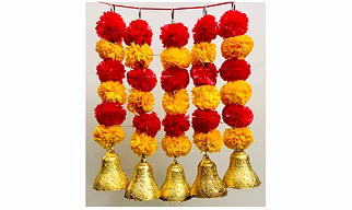 SPHINX Artificial Marigold Fluffy Flowers And Hanging Bells Short Toran (Light Orange & Red, 5 Pieces)