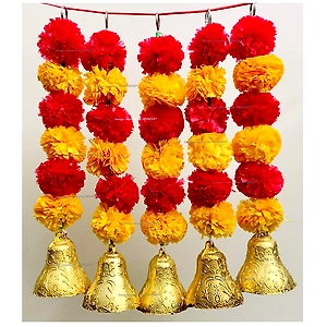 SPHINX Artificial Marigold Fluffy Flowers And Hanging Bells Short Toran (Light Orange & Red, 5 Pieces)