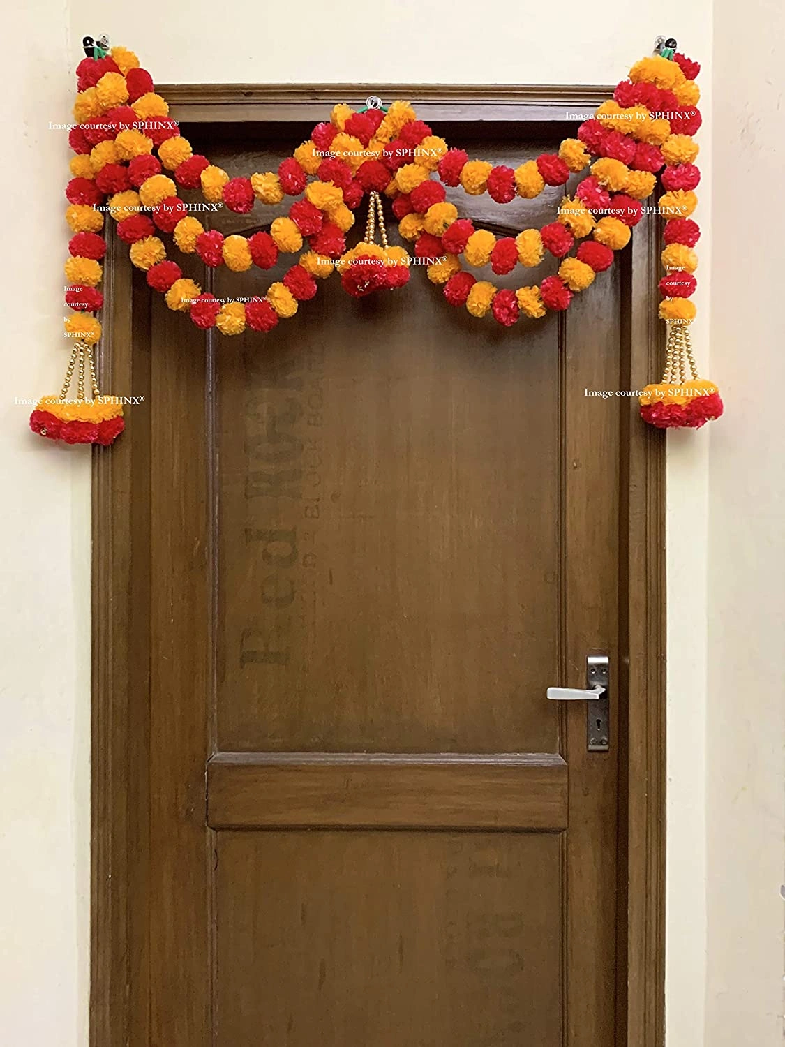 Sphinx Artificial Marigold Fluffy Flower Garlands Triple Loop Door Toran Set/Door Hangings for Decoration (Approx. 100 X 60 cms)- (Light Orange &amp; Red)-2