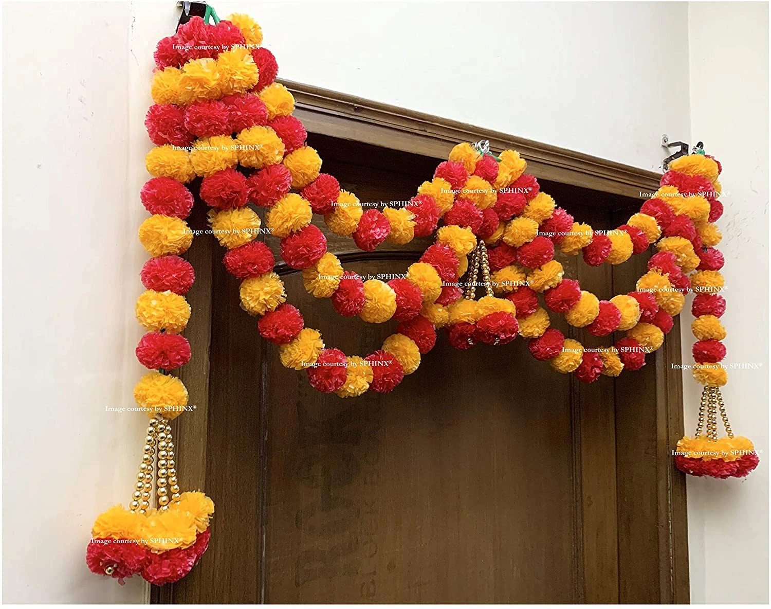 Sphinx Artificial Marigold Fluffy Flower Garlands Triple Loop Door Toran Set/Door Hangings for Decoration (Approx. 100 X 60 cms)- (Light Orange &amp; Red)-1