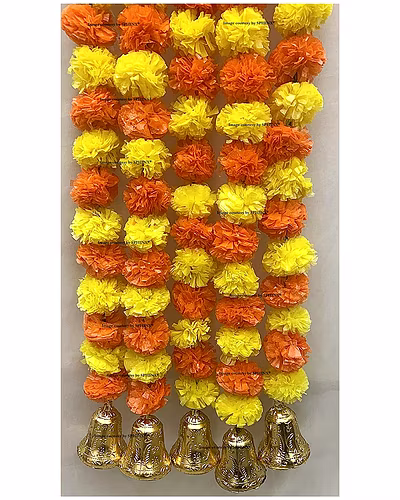 SPHINX Artificial Marigold Flowers And Hanging Bells (Yellow &amp; Dark Orange, 5 Pieces)-2