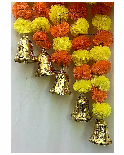 SPHINX Artificial Marigold Flowers And Hanging Bells (Yellow &amp; Dark Orange, 5 Pieces)-1
