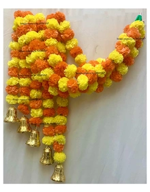 SPHINX Artificial Marigold Flowers And Hanging Bells (Yellow & Dark Orange, 5 Pieces)