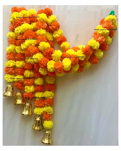 SPHINX Artificial Marigold Flowers And Hanging Bells (Yellow &amp; Dark Orange, 5 Pieces)-6529660