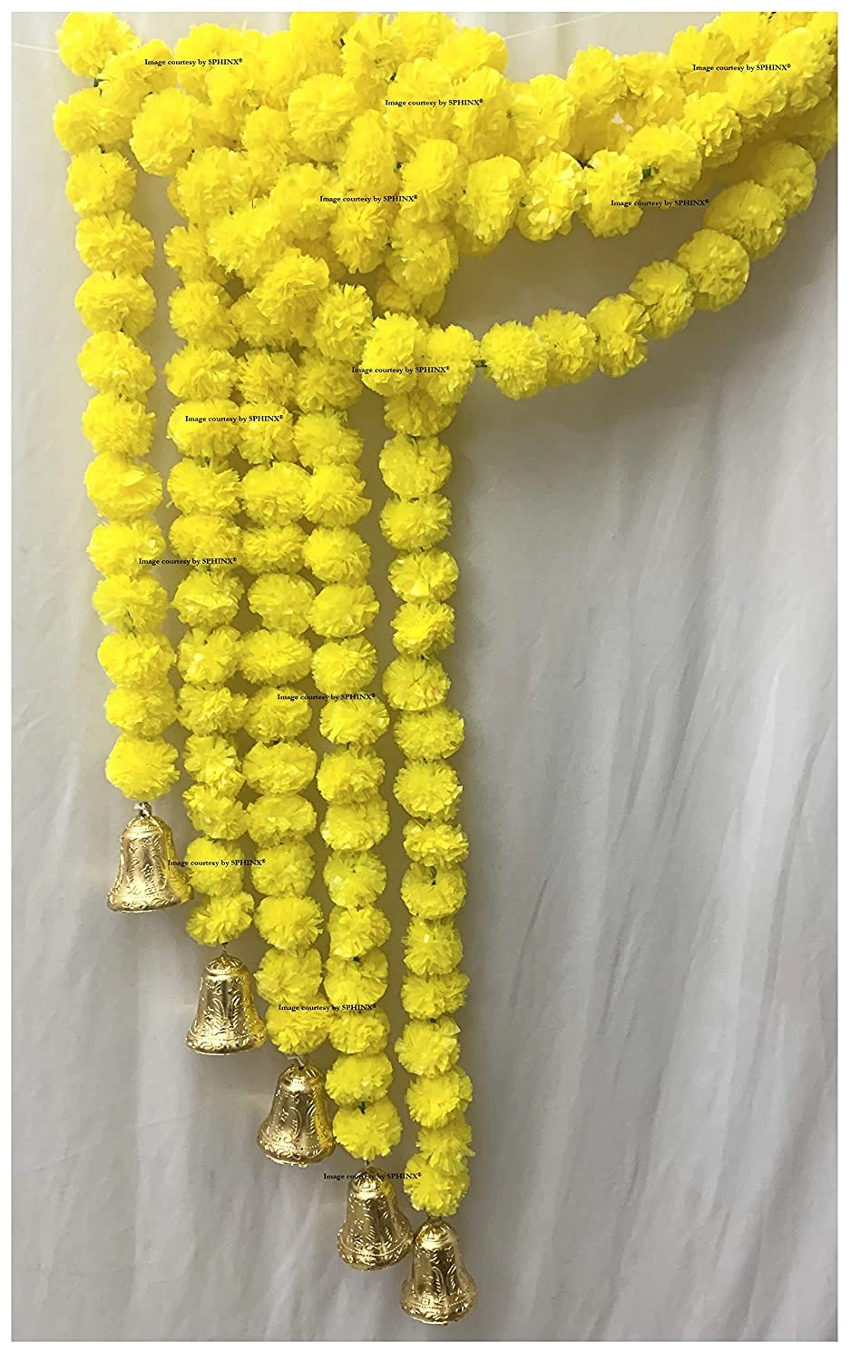 SPHINX Artificial Marigold Flowers And Hanging Bells (Yellow, 5 Pieces)-6529880