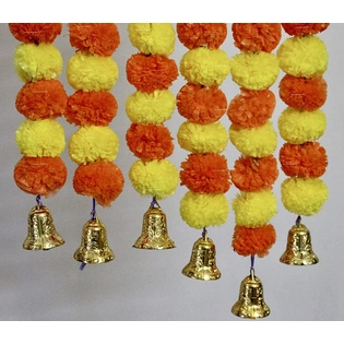 SPHINX Artificial Marigold Fluffy Flowers And Hanging Bells Garland (Yellow & Dark Orange, 6 Pieces)