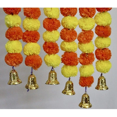 SPHINX Artificial Marigold Fluffy Flowers And Hanging Bells Garland (Yellow & Dark Orange, 6 Pieces)