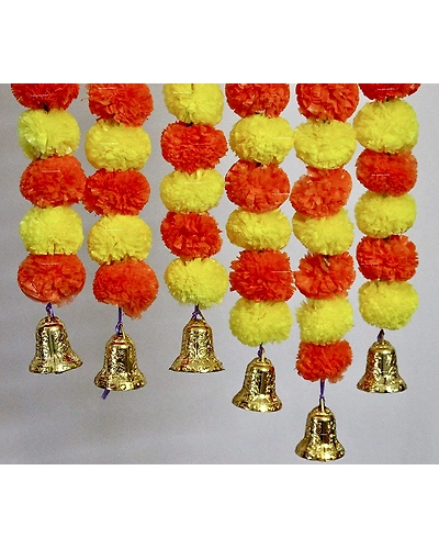 SPHINX Artificial Marigold Fluffy Flowers And Hanging Bells Garland (Yellow &amp; Dark Orange, 6 Pieces)-6529884