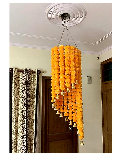 SPHINX Artificial Marigold Fluffy Flowers Chandelier (Light Orange, 1 Piece)-2