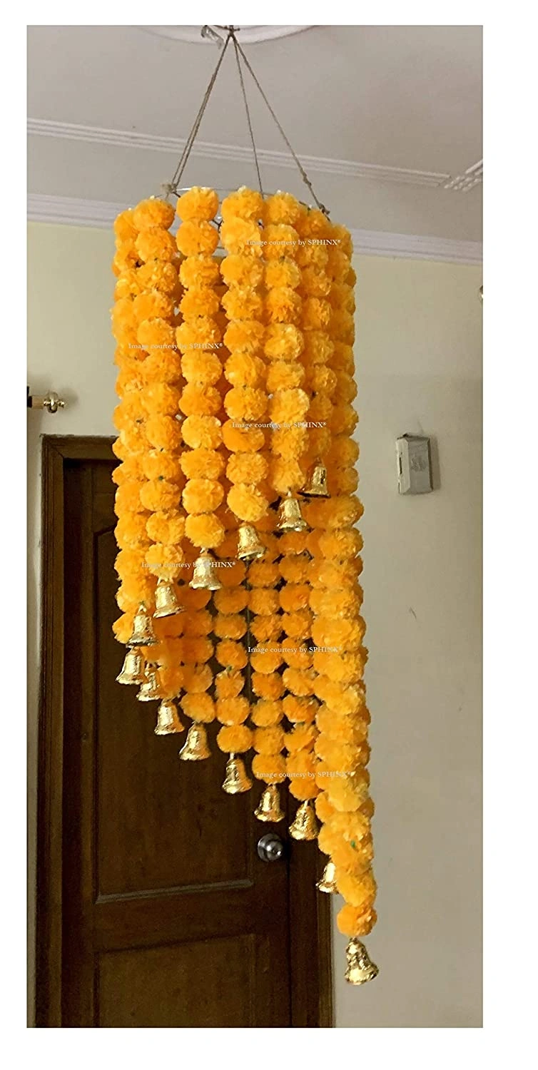 SPHINX Artificial Marigold Fluffy Flowers Chandelier (Light Orange, 1 Piece)-1