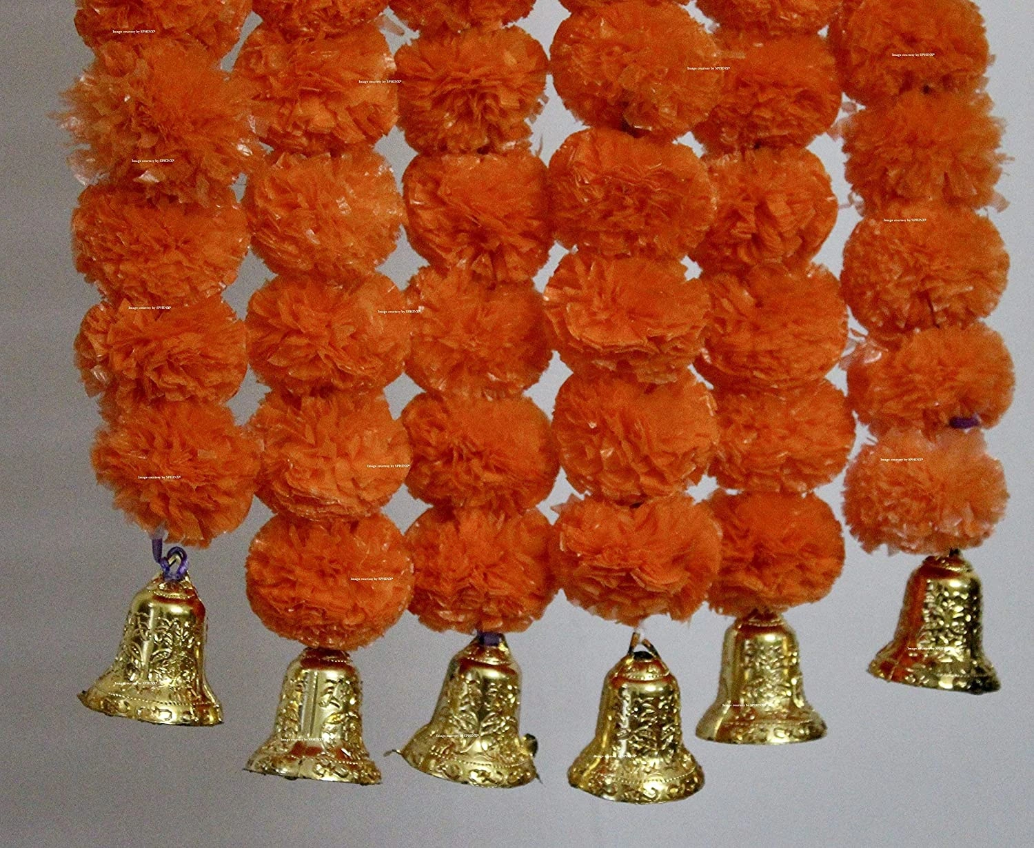 SPHINX Artificial Marigold Fluffy Flowers And Hanging Bells Garlands (Dark Orange, 6 Pieces)-6529908