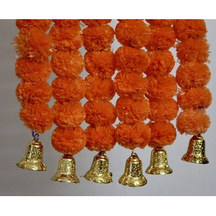 SPHINX Artificial Marigold Fluffy Flowers And Hanging Bells Garlands (Dark Orange, 6 Pieces)