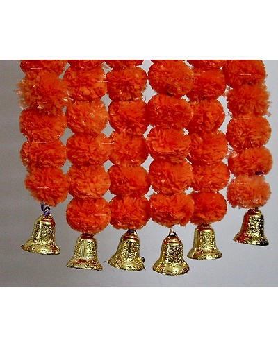 SPHINX Artificial Marigold Fluffy Flowers And Hanging Bells Garlands (Dark Orange, 6 Pieces)-6529908