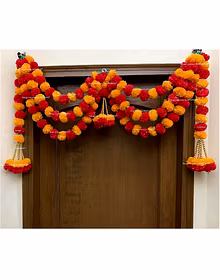 Sphinx Artificial Marigold Fluffy Flower Garlands Triple Loop Door Toran Set/Door Hangings for Decoration (Approx. 100 X 60 cms)- (Light Orange & Red)