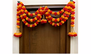 Sphinx Artificial Marigold Fluffy Flower Garlands Triple Loop Door Toran Set/Door Hangings for Decoration (Approx. 100 X 60 cms)- (Light Orange & Red)