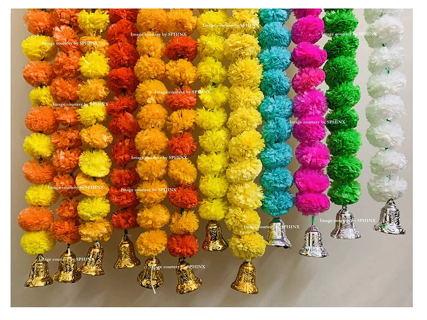 SPHINX Artificial Marigold Flowers And Hanging Bells Torans/Wall Hanging (Mixed Colours, 10 Pieces)-6530008