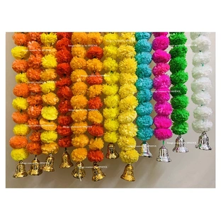 SPHINX Artificial Marigold Flowers And Hanging Bells Torans/Wall Hanging (Mixed Colours, 10 Pieces)