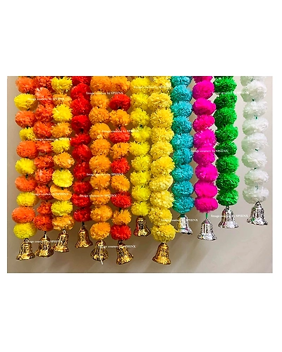 SPHINX Artificial Marigold Flowers And Hanging Bells Torans/Wall Hanging (Mixed Colours, 10 Pieces)-6530008