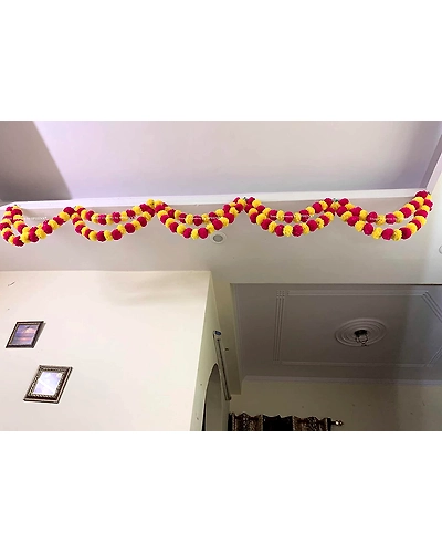 SPHINX Artificial Marigold Fluffy Flowers Double Lines Hanging Loops/Strings/Garlands for Decoration(Width x Height = Approx 26 x 9.5 Inches) - Pack of 5 - (Yellow &amp; Dark Pink)-1