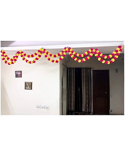 SPHINX Artificial Marigold Fluffy Flowers Double Lines Hanging Loops/Strings/Garlands for Decoration(Width x Height = Approx 26 x 9.5 Inches) - Pack of 5 - (Yellow &amp; Dark Pink)-6530172