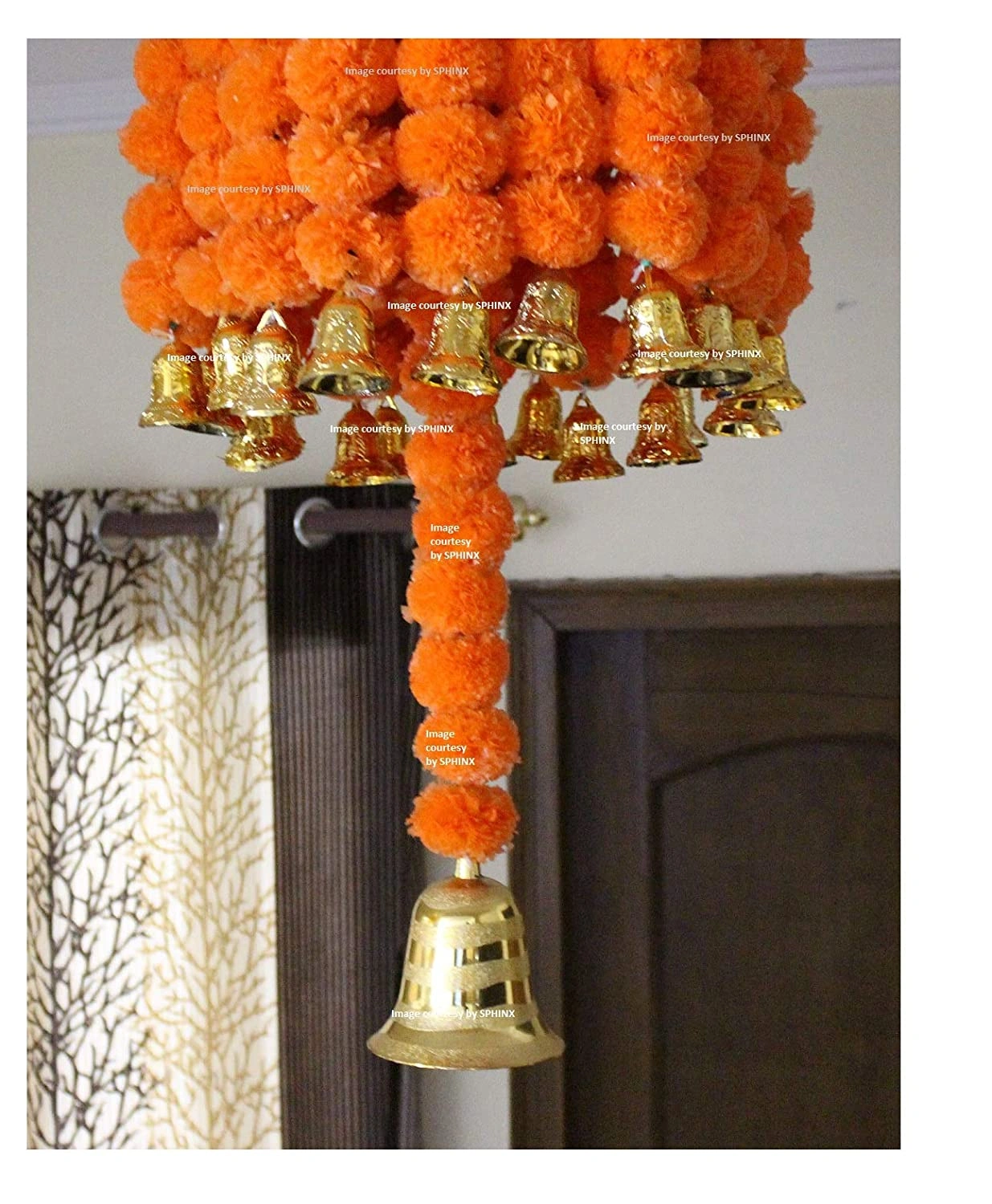 SPHINX Artificial Marigold Fluffy Flowers (Genda phool) Chandelier/Jhoomar (Dark Orange, Approx. 3 ft. Height)-6530174