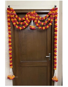 Sphinx Artificial Marigold Fluffy Flowers and Tuberose (rajnigandha) Door toran Set/Door hangings (Approx. 100 x 158 cms) - (Light Orange and Red)