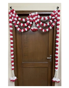 Sphinx Artificial Marigold Fluffy Flowers and Tuberose (rajnigandha) Triple Lines Door toran Set/Door hangings (Approx. 100 x 158 cms (White and Red)