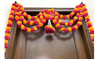 Sphinx Artificial Marigold Fluffy Flowers and Tuberose (rajnigandha) Triple Lines Door toran Set/Door hangings (Approx. 100 x 158 cms (Yellow and Light Orange)