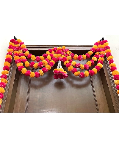 Sphinx Artificial Marigold Fluffy Flowers and Tuberose (rajnigandha) Triple Lines Door toran Set/Door hangings (Approx. 100 x 158 cms (Yellow and Light Orange)-4