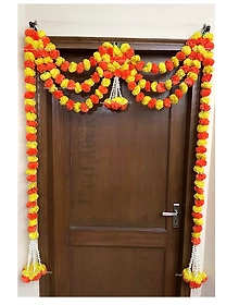Sphinx Artificial Marigold Fluffy Flowers and Tuberose (rajnigandha) Triple Lines Door toran Set/Door hangings (Approx. 100 x 158 cms (Yellow and dark Orange)