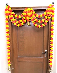 Sphinx Artificial Marigold Fluffy Flowers and Tuberose (rajnigandha) Triple Lines Door toran Set/Door hangings (Approx. 100 x 158 cms (Yellow and Dark Orange)