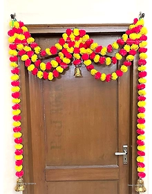 Sphinx Artificial Marigold Fluffy Flowers and Tuberose (rajnigandha) Triple Lines Door toran Set/Door hangings (Approx. 100 x 158 cms (Yellow and Dark Pink/Rani)