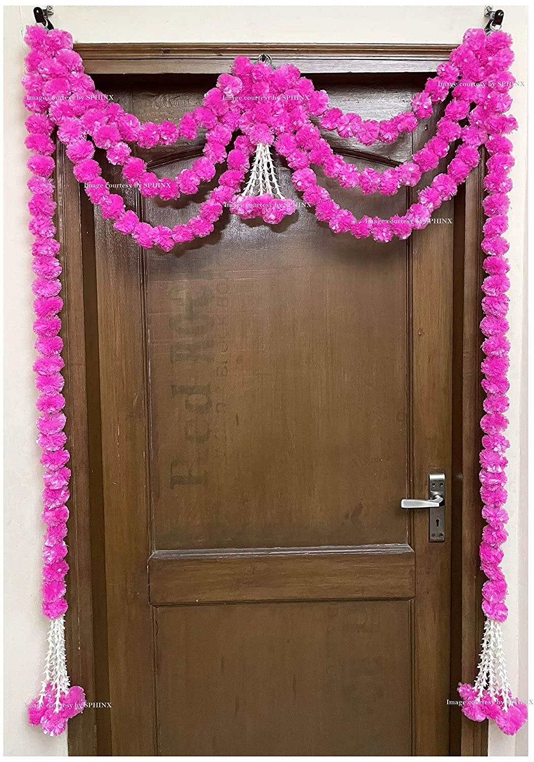 Sphinx Artificial Marigold Fluffy Flowers and Tuberose (rajnigandha) Triple Lines Door toran Set/Door hangings (Approx. 100 x 158 cms (Baby Pink)-6908196