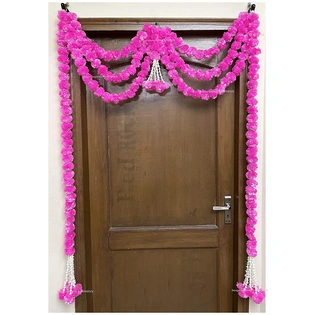 Sphinx Artificial Marigold Fluffy Flowers and Tuberose (rajnigandha) Triple Lines Door toran Set/Door hangings (Approx. 100 x 158 cms (Baby Pink)