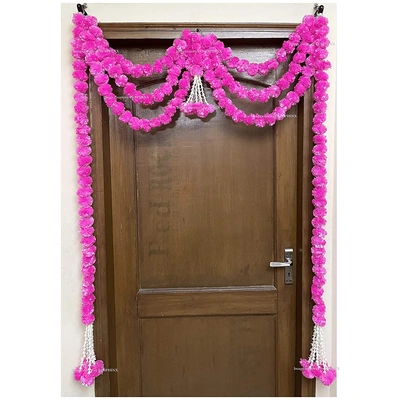 Sphinx Artificial Marigold Fluffy Flowers and Tuberose (rajnigandha) Triple Lines Door toran Set/Door hangings (Approx. 100 x 158 cms (Baby Pink)
