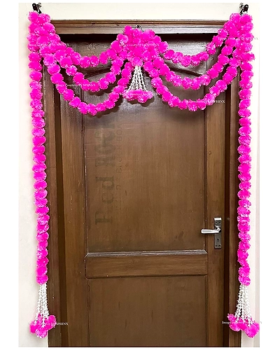 Sphinx Artificial Marigold Fluffy Flowers and Tuberose (rajnigandha) Triple Lines Door toran Set/Door hangings (Approx. 100 x 158 cms (Baby Pink)-6908196