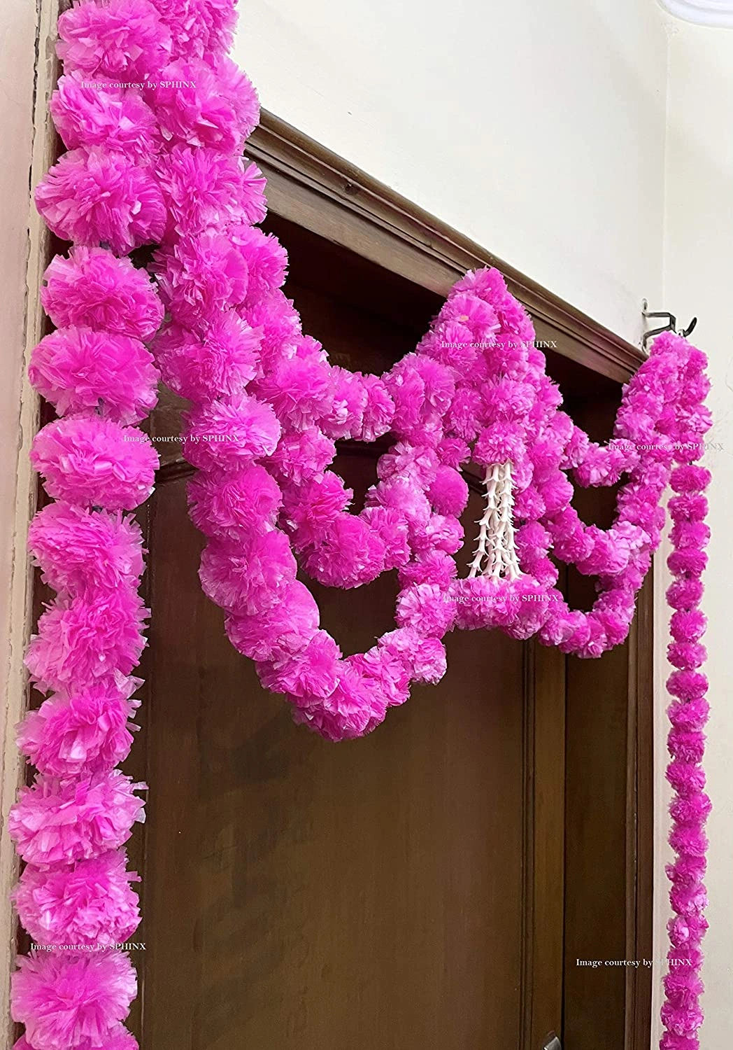 Sphinx Artificial Marigold Fluffy Flowers and Tuberose (rajnigandha) Triple Lines Door toran Set/Door hangings (Approx. 100 x 158 cms (Baby Pink)-2