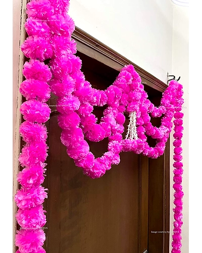 Sphinx Artificial Marigold Fluffy Flowers and Tuberose (rajnigandha) Triple Lines Door toran Set/Door hangings (Approx. 100 x 158 cms (Baby Pink)-2